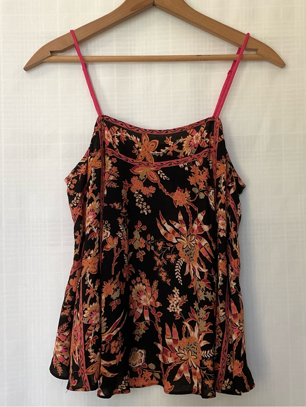 NWT Free People Black Floral Spaghetti-Strap Camisole with Pink & Orange Accents